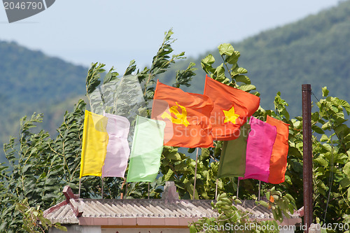 Image of Flags at the entrance of a Vietnamese school