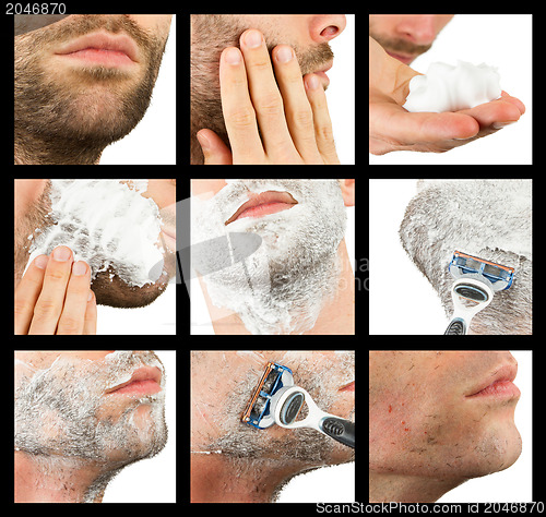 Image of Close-up of a young man shaving, compilation of nine images