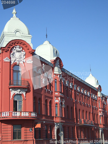 Image of Decorated red historic landmark in Russia