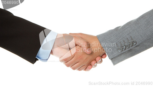 Image of Businessman and businesswoman shaking hands