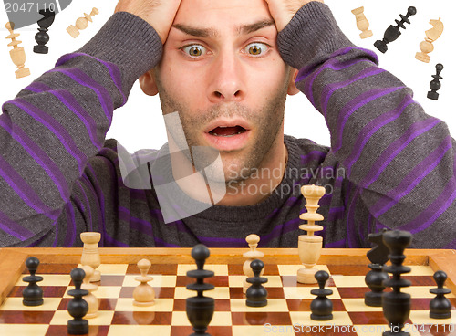 Image of Chessboard with desperate man thinking about chess strategy, iso