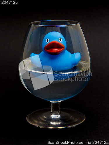 Image of Blue rubber duck in a cognacglass 