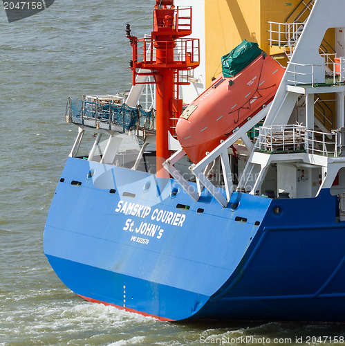Image of Rear of Cargo Ship showing lifeboat