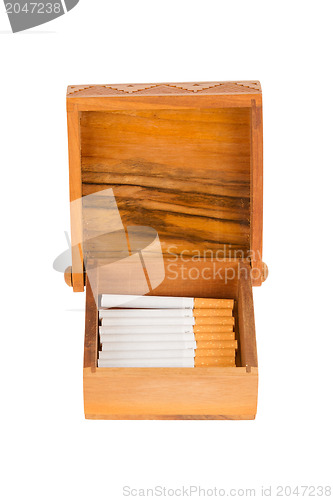 Image of Cigarettes in handcarved wooden box