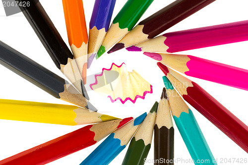 Image of Multicolored pencils and wood shavings