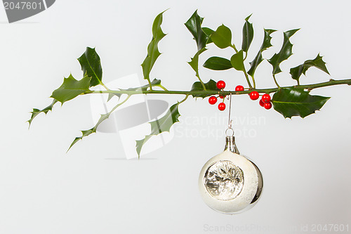 Image of Very old silver christmas ball hanging from a twig (butchers bro