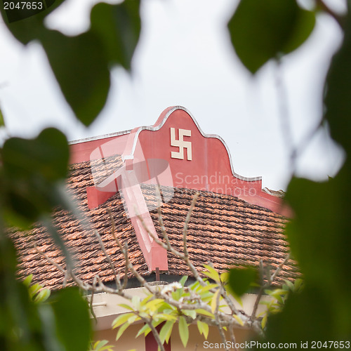 Image of Swastika symbol on top of a temple