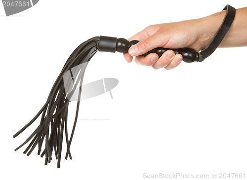 Image of Strict Black Leather Flogging Whip in woman's hand
