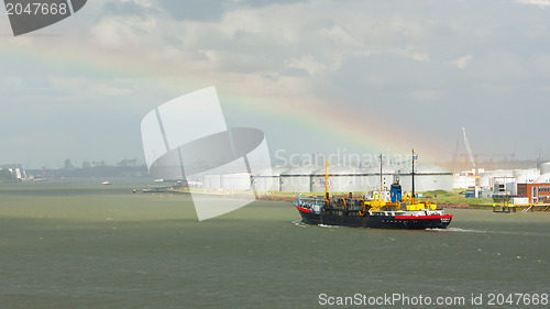 Image of Small chemical tanker sailing in the port of Rotterdam (Holland)