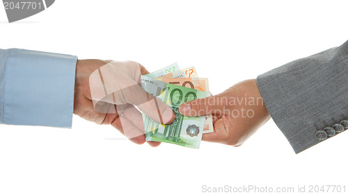 Image of Man giving 150 euro to a woman (business)