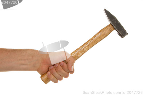 Image of Man holding a old wooden hammer