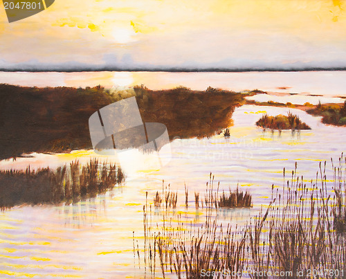 Image of Original oil painting showing beautiful lake