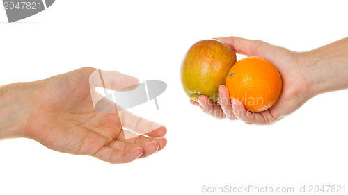 Image of Giving an apple and an orange