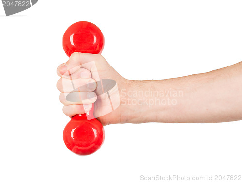 Image of Red dumbbells in the hands of a man, isolated