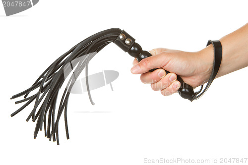 Image of Strict Black Leather Flogging Whip in woman's hand