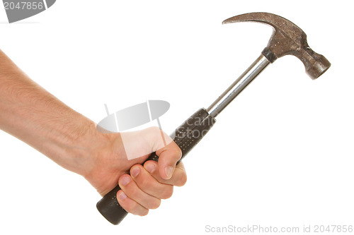Image of Man holding a old metal hammer