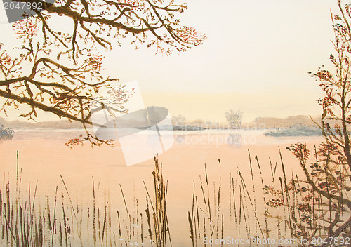Image of Original oil painting showing beautiful lake