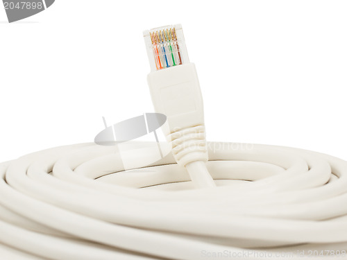 Image of Close-up of a white RJ45 network plug