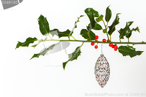 Image of Very old silver christmas ball hanging from a twig (butchers bro