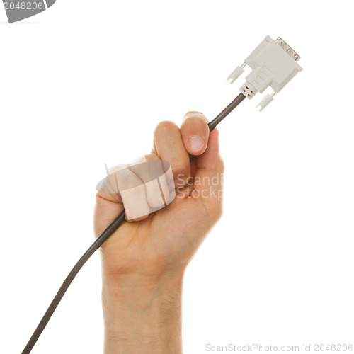 Image of Hand holding a cable used for computers, isolated