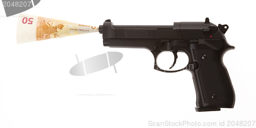 Image of Semi-automatic gun with 50 euro isolated