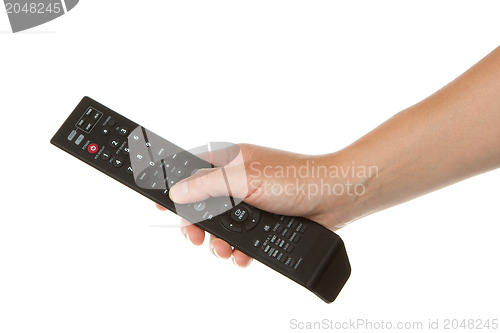 Image of Woman holding a black remote in her hand