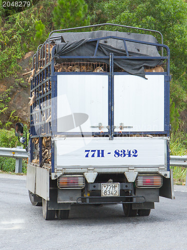 Image of HUÉ, VIETNAM - AUG 4: Trailer filled with live dogs destined fo