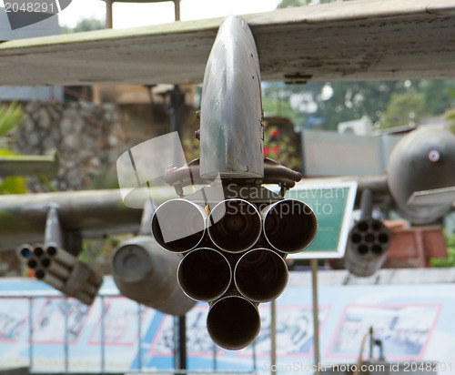 Image of 6-tube rocket launcher on a military helicopter 