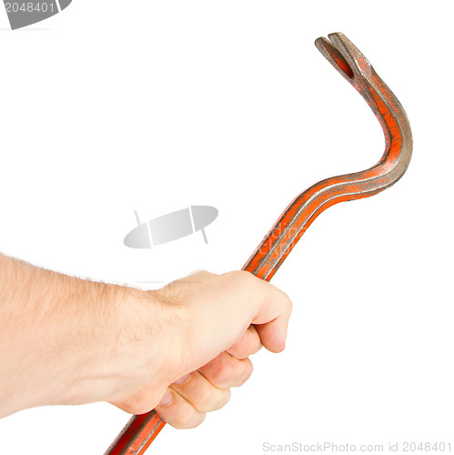 Image of Hand holding old red crowbar