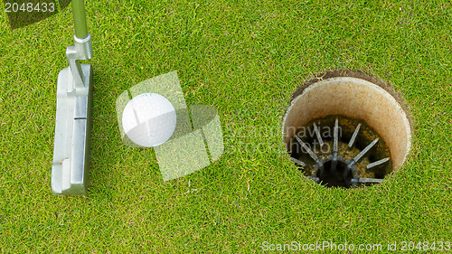 Image of Golf ball and tee on green cours