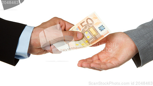Image of Man giving 50 euro to a woman (business)