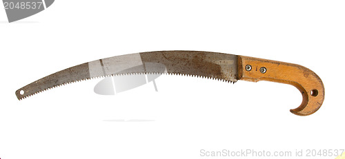 Image of Old rusty toy hand saw on white