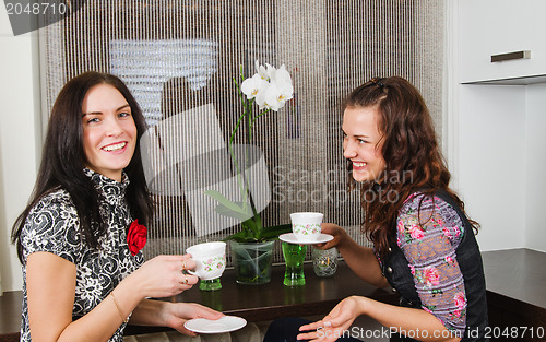 Image of Two young beautiful women drink tea and chat homes 