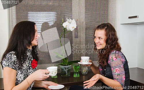 Image of young beautiful women drink tea and chat homes 