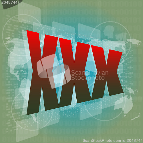 Image of xxx word on digital screen with world map - social concept