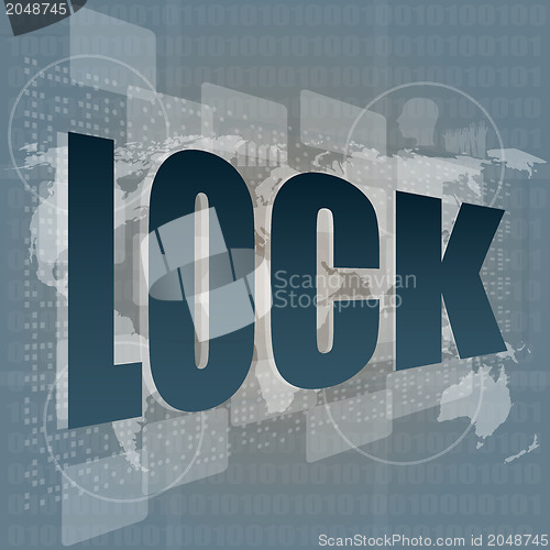 Image of business concept lock word on digital screen with world map