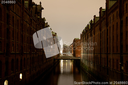Image of Speicherstadt In Hamburg, Germany in the evening