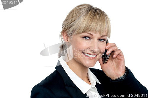 Image of Attractive blonde executive communicating with her business partner