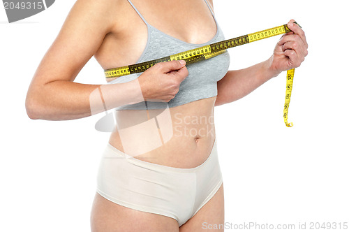 Image of Lingerie clad measuring her breast