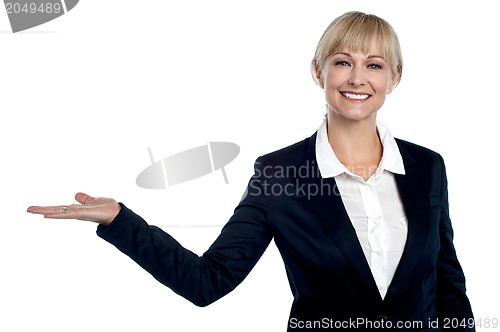 Image of Cheerful business executive presenting copy space area