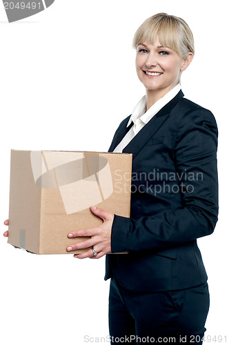 Image of Corporate woman with a cardboard box in hand