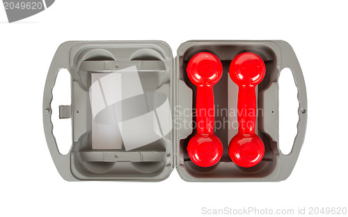 Image of Red dumbbells in a grey case