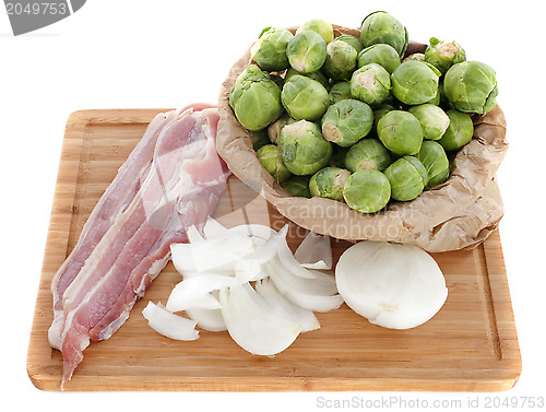 Image of Brussels sprouts, onion and bacon