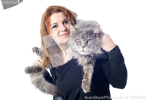 Image of maine coon cat and woman