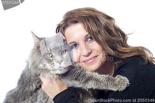 Image of maine coon cat and woman