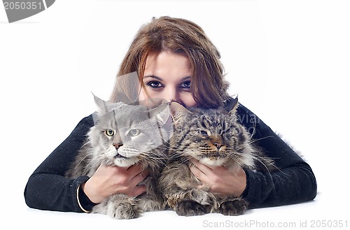 Image of maine coon cats and woman