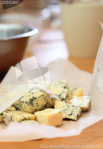 Image of Pieces of a blue cheese on a kitchen