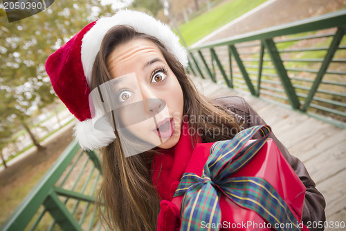 Image of Pretty Woman Wearing a Santa Hat with Wrapped Gift