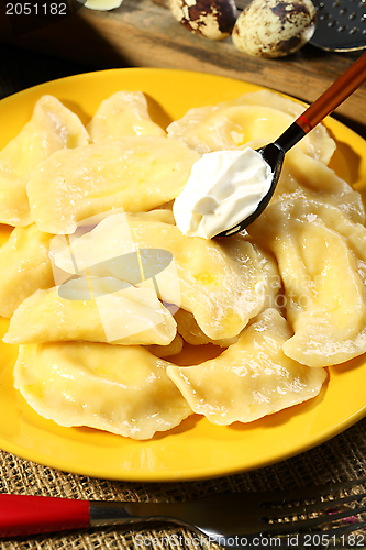 Image of Dumplings with cheese closeup. 