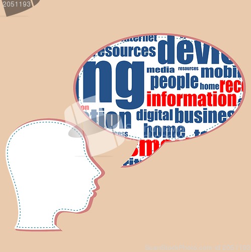 Image of talking people head with business word on speech bubble